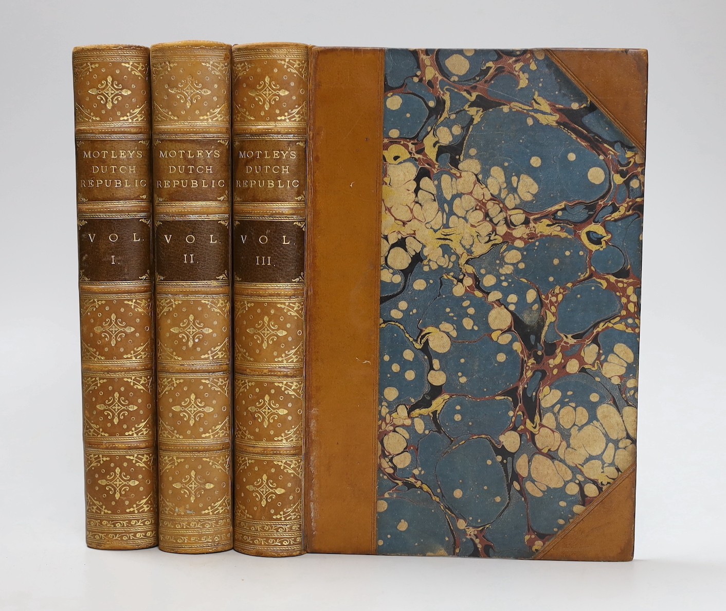 Motley, John Lothrop - The Dutch Republic, 3 vols, 8vo,half calf, with Rider Haggard calling pasted to flyleaf, Frederick Warne & Co., London, c. 1895